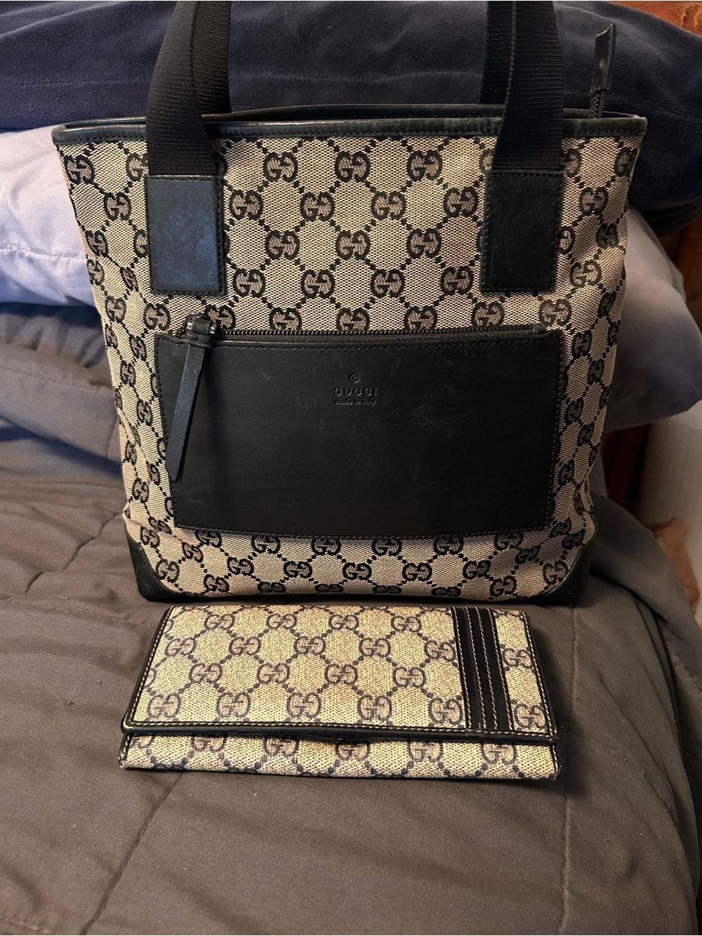 Gucci Beige and Black Monogram Tote with Matching Wallet